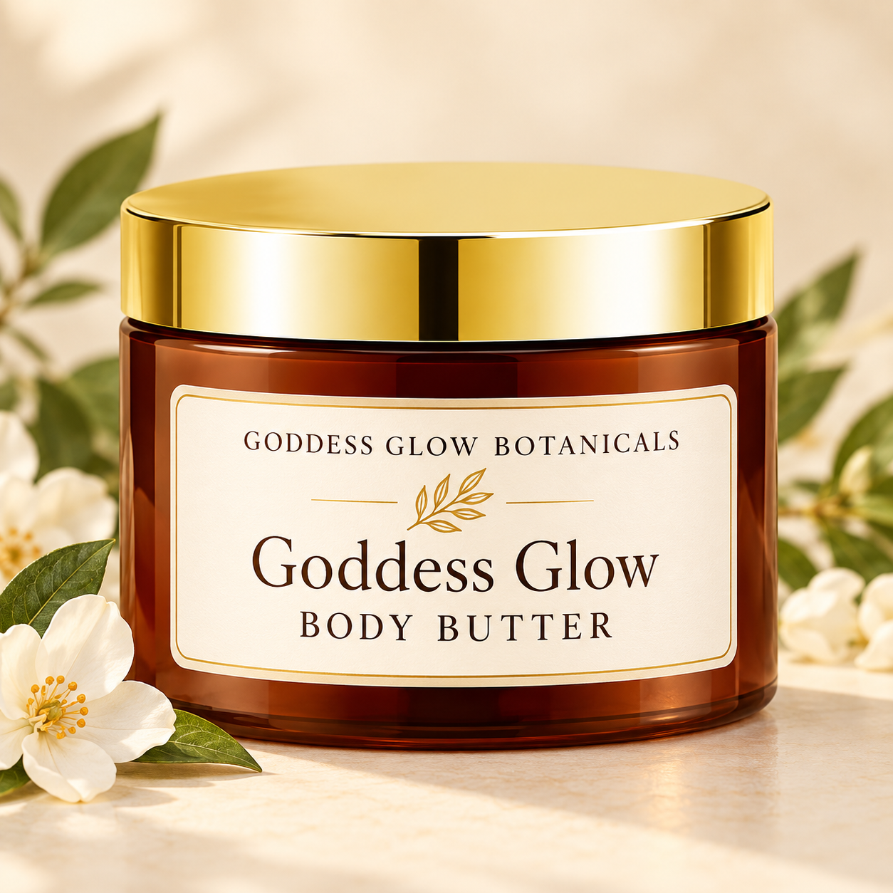 Goddess Glow Body Butter packaging mockup: amber jar with gold lid and cream botanical label